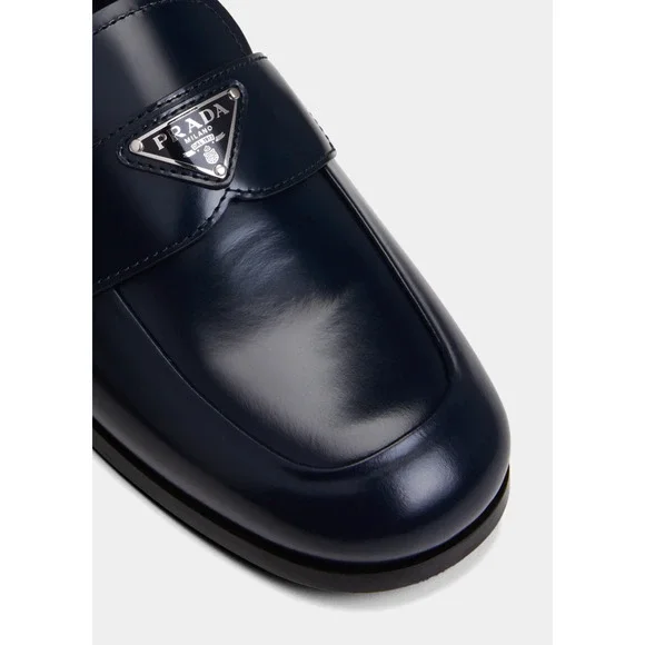 Prada Navy Blue Leather Triangle Silver Logo Loafer Slip On Slide Mule Flat 36.5